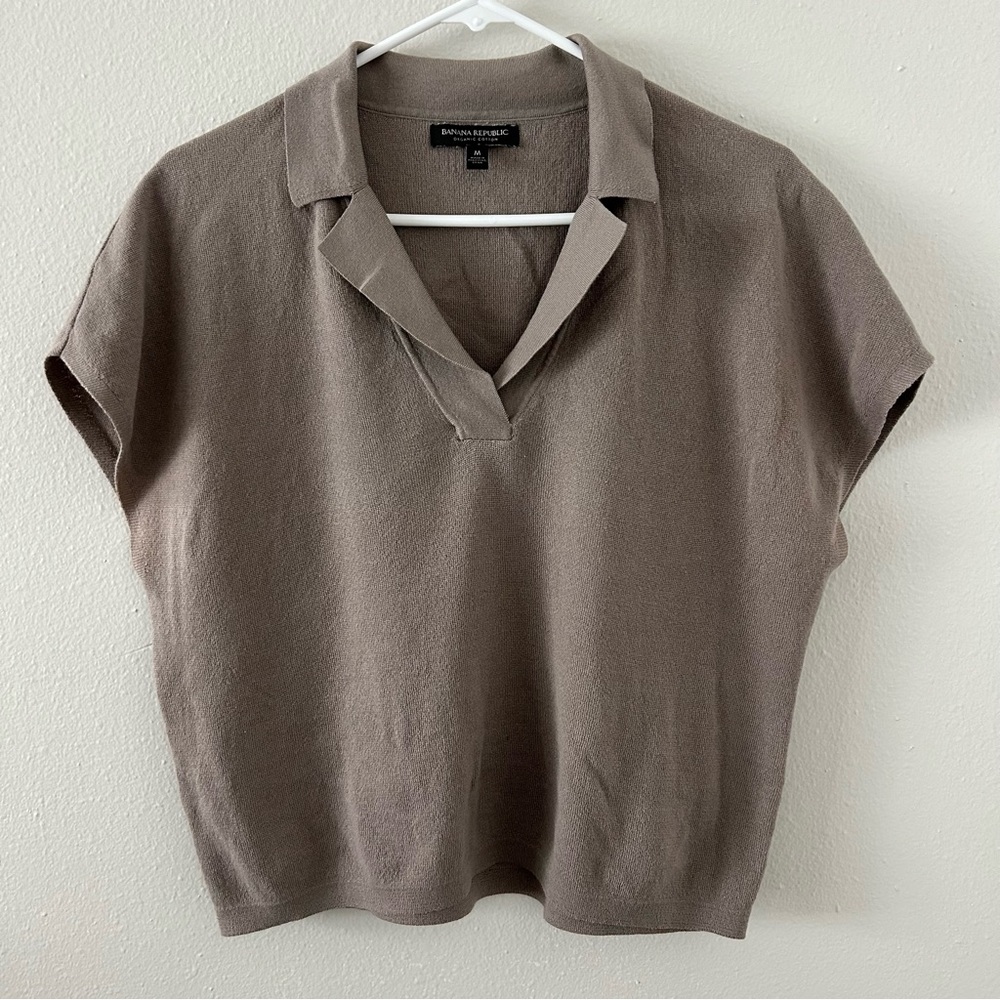 Banana Republic Organic Cotton Knit Polo Top Blouse Shirt Womens M Taupe
